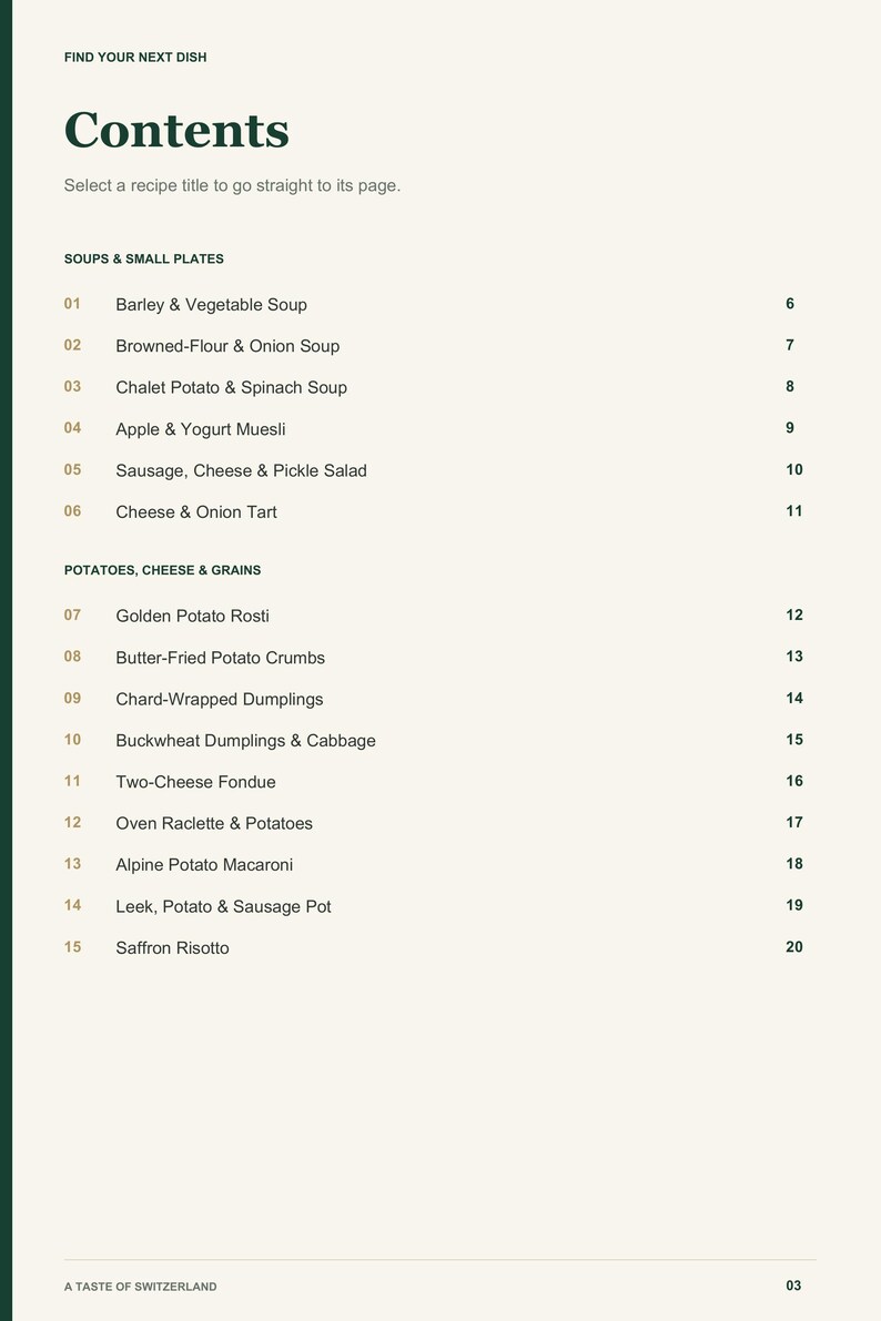 Actual PDF page 3 from A Taste of Switzerland: Contents, page 1.