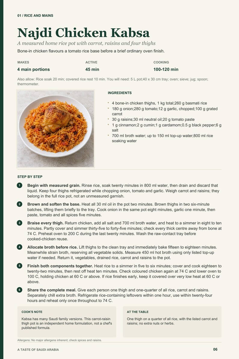 Actual PDF page 6 from A Taste of Saudi Arabia: Najdi Chicken Kabsa recipe page.