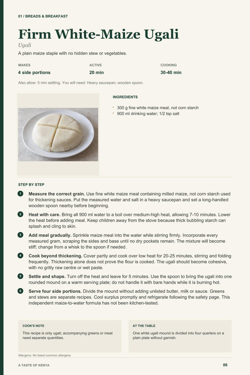 Actual PDF page 6 from A Taste of Kenya: Firm White-Maize Ugali recipe page.