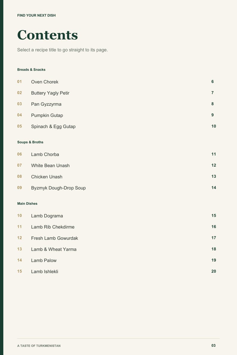 Actual PDF page 3 from A Taste of Turkmenistan: Contents, page 1.