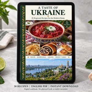 Digital cookbook mockup displaying the actual A Taste of Ukraine cover. English PDF download only; no tablet or physical book included.