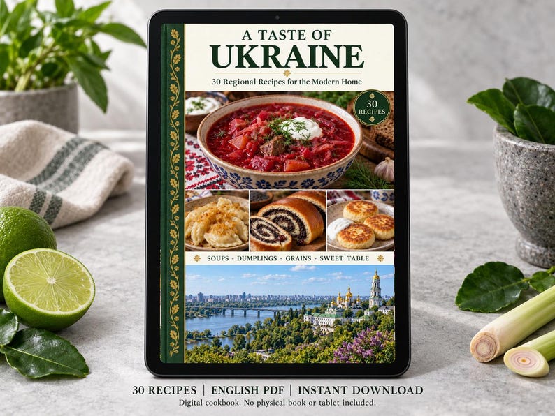 Digital cookbook mockup displaying the actual A Taste of Ukraine cover. English PDF download only; no tablet or physical book included.
