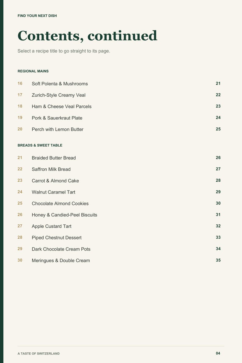 Actual PDF page 4 from A Taste of Switzerland: Contents, page 2.