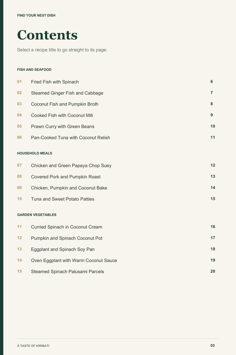 Actual PDF page 3 from A Taste of Kiribati: Contents, page 1.