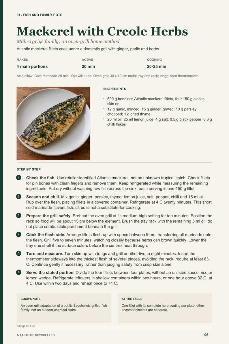 Actual PDF page 6 from A Taste of Seychelles: Mackerel with Creole Herbs recipe page.