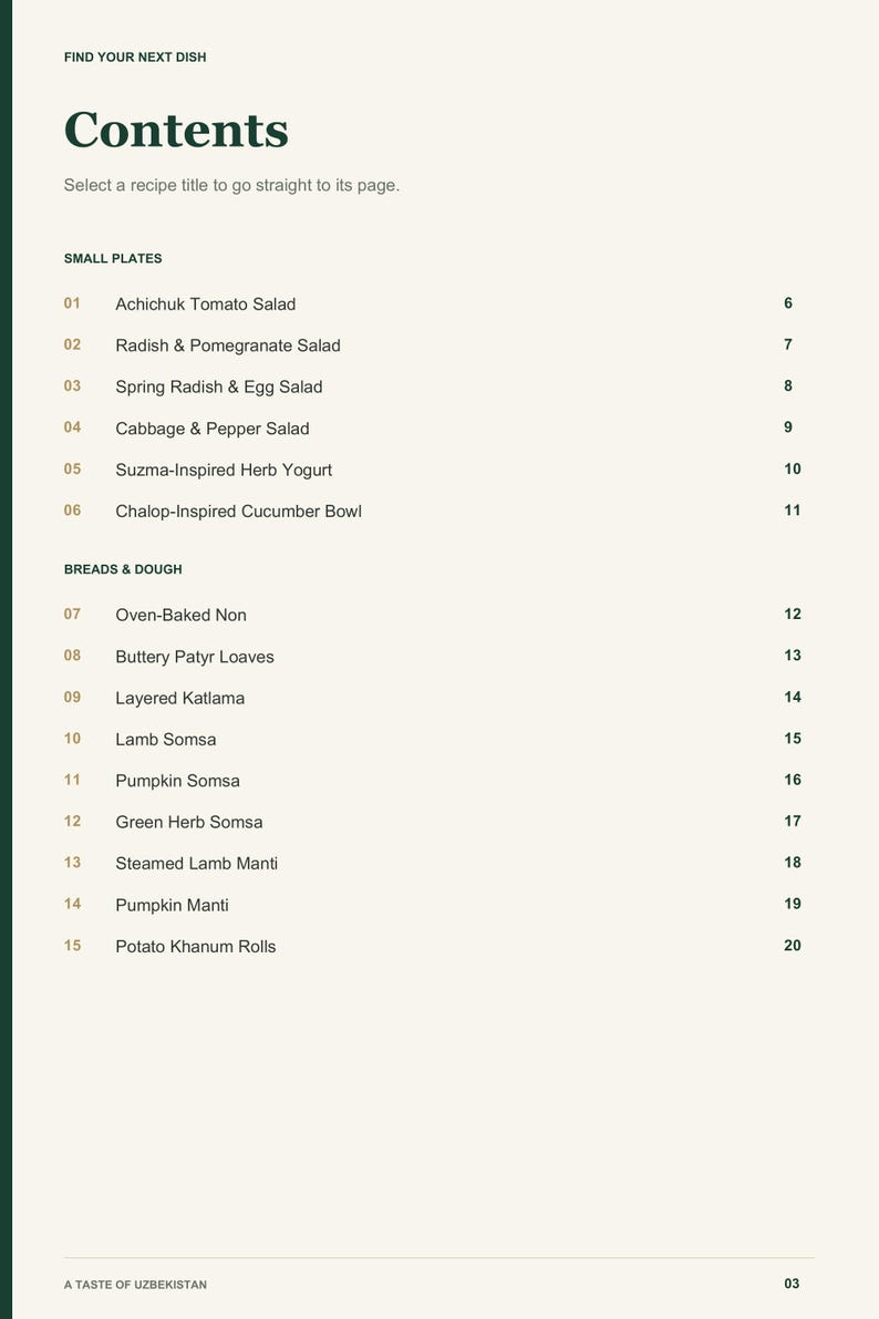 Actual PDF page 3 from A Taste of Uzbekistan: Contents, page 1.