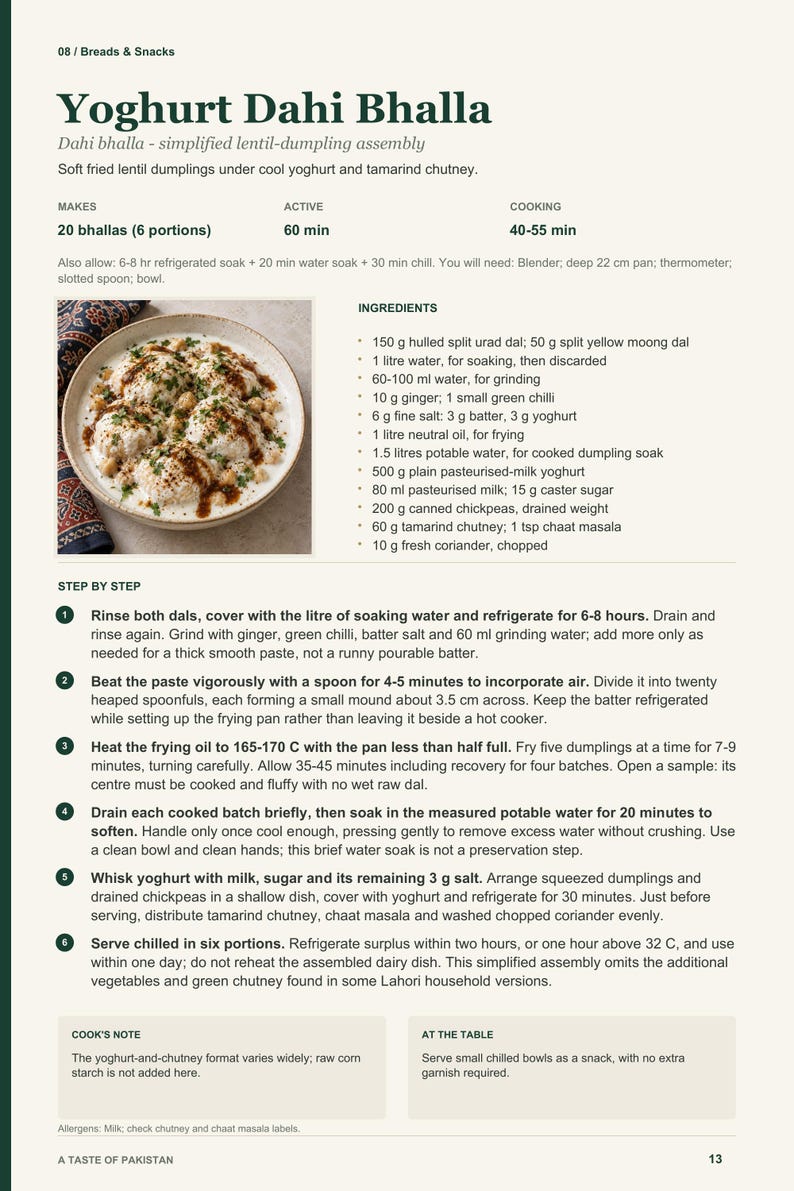 Actual PDF page 13 from A Taste of Pakistan: Yoghurt Dahi Bhalla recipe page.