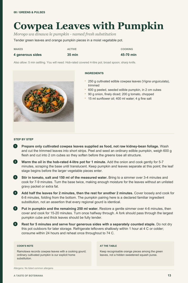Actual PDF page 13 from A Taste of Botswana: Cowpea Leaves with Pumpkin recipe page.