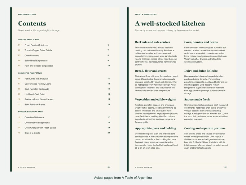 Actual contents and kitchen-notes pages from A Taste of Argentina.