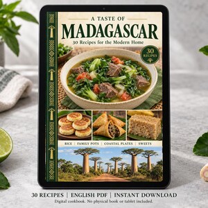 Digital cookbook mockup displaying the actual A Taste of Madagascar cover. English PDF download only; no tablet or physical book included.