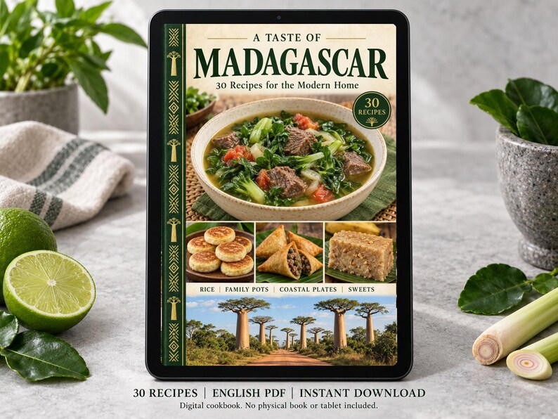 Digital cookbook mockup displaying the actual A Taste of Madagascar cover. English PDF download only; no tablet or physical book included.