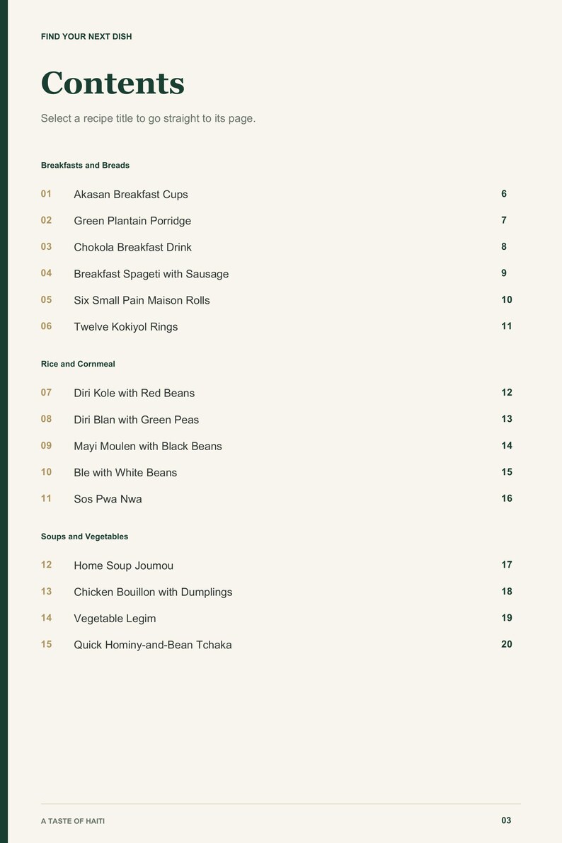 Actual PDF page 3 from A Taste of Haiti: Contents, page 1.