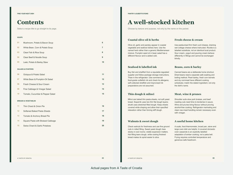Actual contents and kitchen-notes pages from A Taste of Croatia.