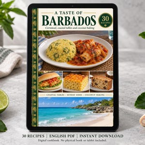 Digital cookbook mockup displaying the actual A Taste of Barbados cover. English PDF download only; no tablet or physical book included.