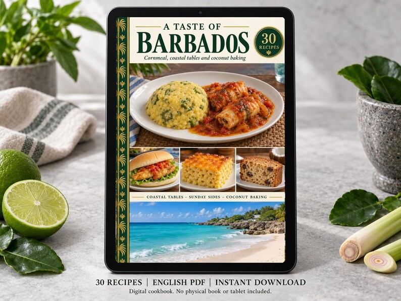 Digital cookbook mockup displaying the actual A Taste of Barbados cover. English PDF download only; no tablet or physical book included.
