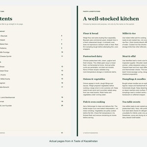 Actual contents and kitchen-notes pages from A Taste of Kazakhstan.