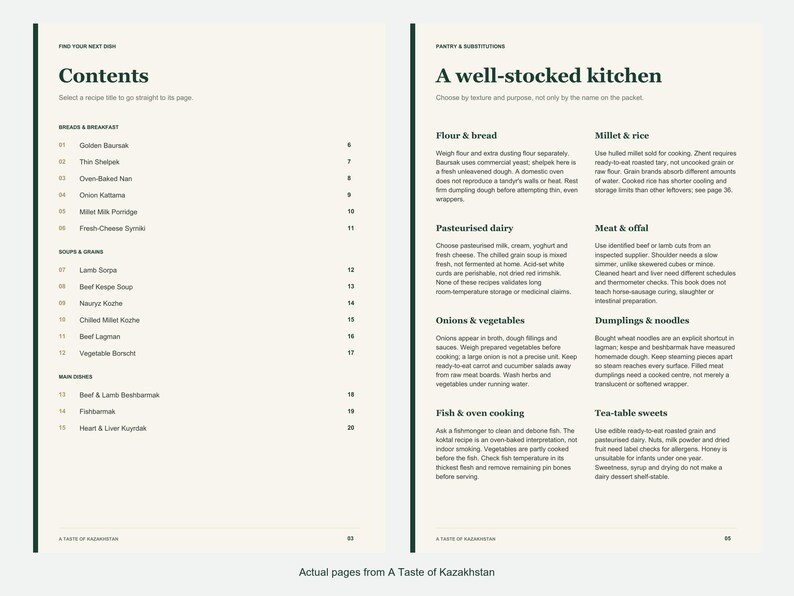 Actual contents and kitchen-notes pages from A Taste of Kazakhstan.