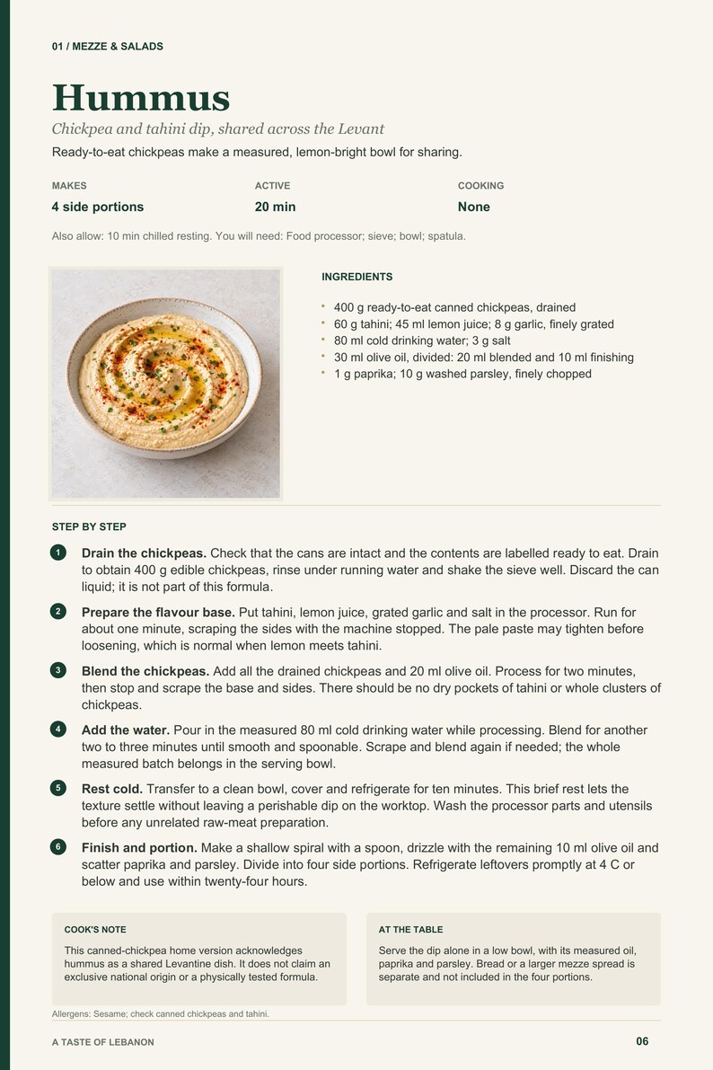 Actual PDF page 6 from A Taste of Lebanon: Hummus recipe page.