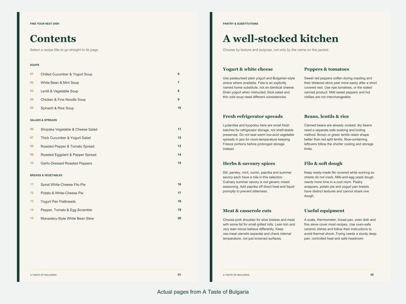 Actual contents and kitchen-notes pages from A Taste of Bulgaria.