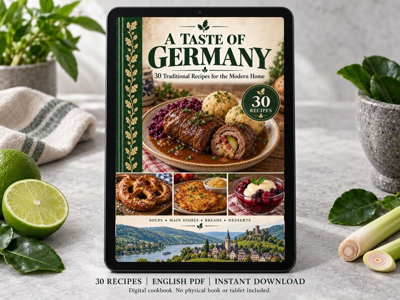 Digital cookbook mockup displaying the actual A Taste of Germany cover. English PDF download only; no tablet or physical book included.