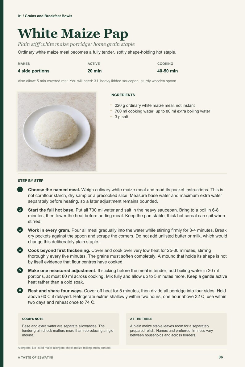 Actual PDF page 6 from A Taste of Eswatini: White Maize Pap recipe page.