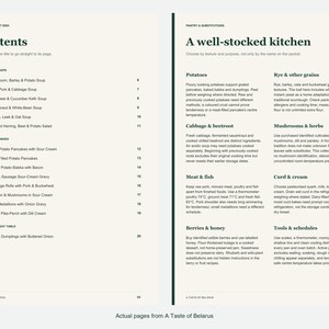 Actual contents and kitchen-notes pages from A Taste of Belarus.