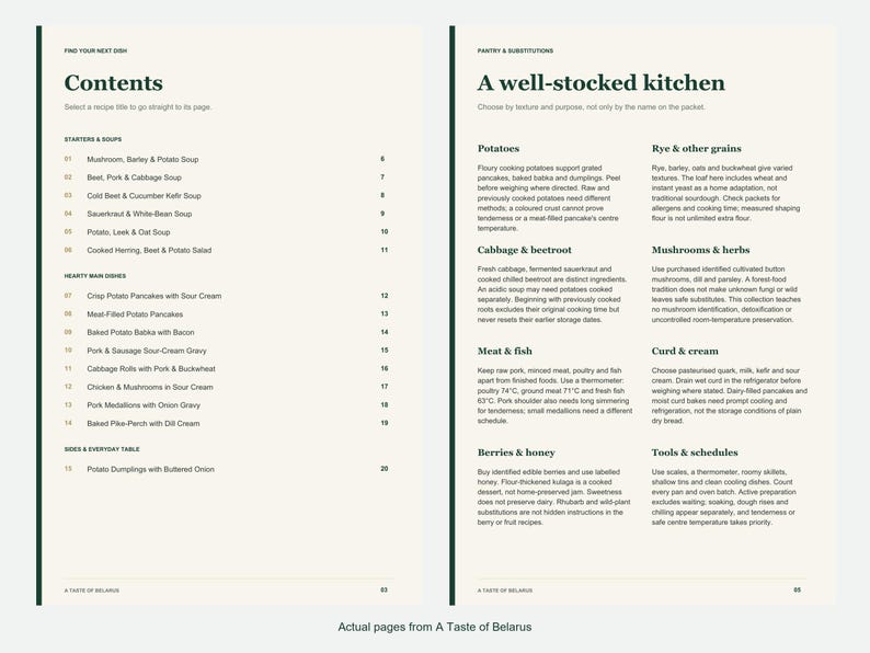 Actual contents and kitchen-notes pages from A Taste of Belarus.
