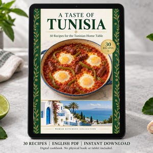 Digital cookbook mockup displaying the actual A Taste of Tunisia cover. English PDF download only; no tablet or physical book included.