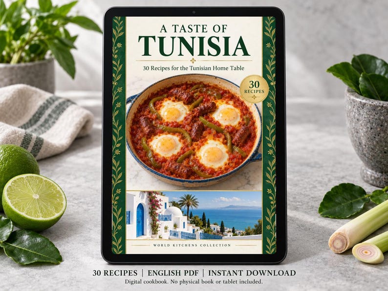 Digital cookbook mockup displaying the actual A Taste of Tunisia cover. English PDF download only; no tablet or physical book included.