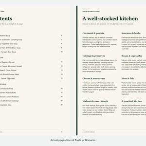 Actual contents and kitchen-notes pages from A Taste of Romania.