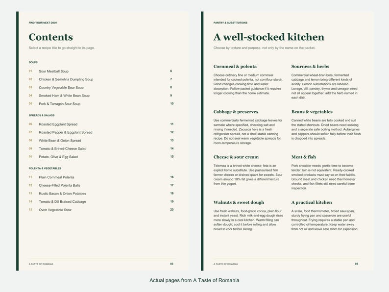 Actual contents and kitchen-notes pages from A Taste of Romania.