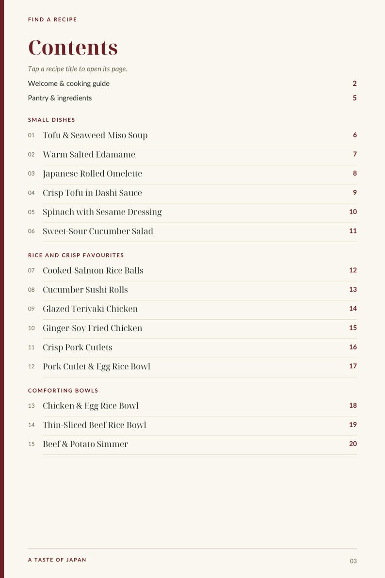 Actual PDF page 3 from A Taste of Japan: Contents, page 1.