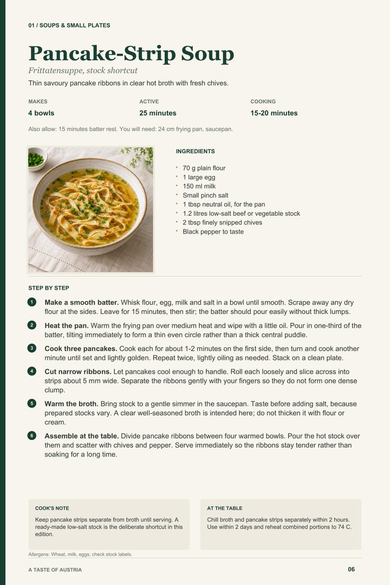 Actual PDF page 6 from A Taste of Austria: Pancake-Strip Soup recipe page.