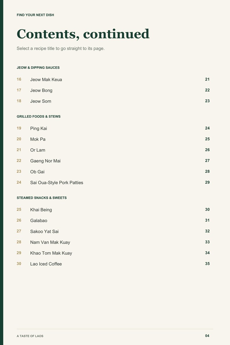 Actual PDF page 4 from A Taste of Laos: Contents, page 2.