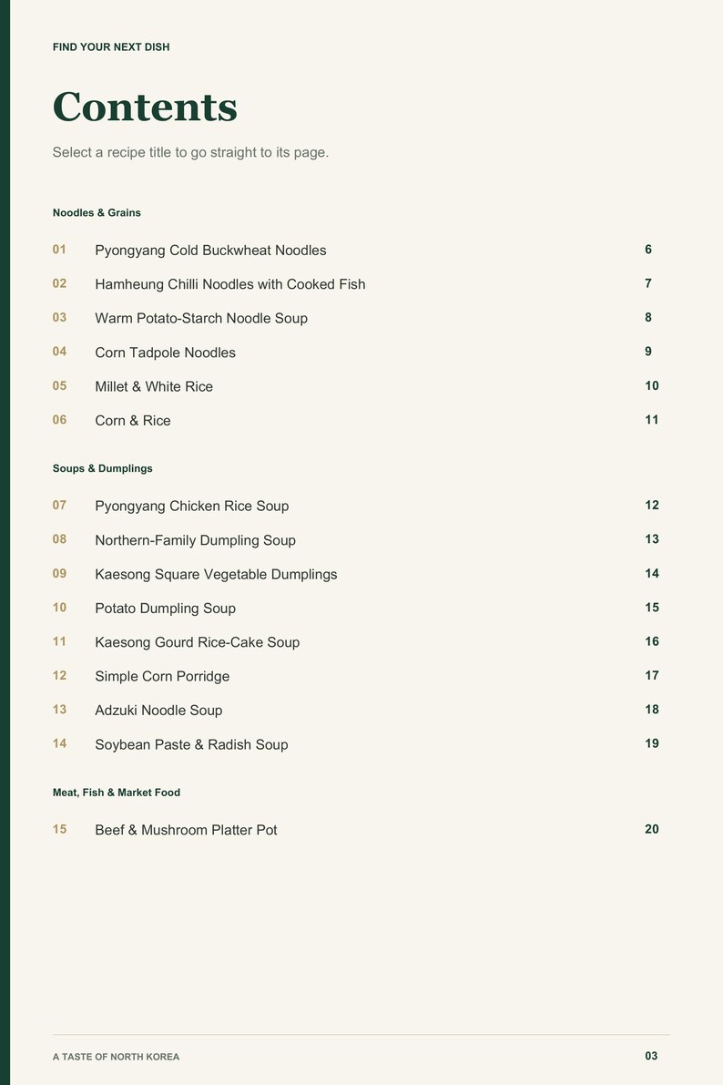 Actual PDF page 3 from A Taste of North Korea: Contents, page 1.