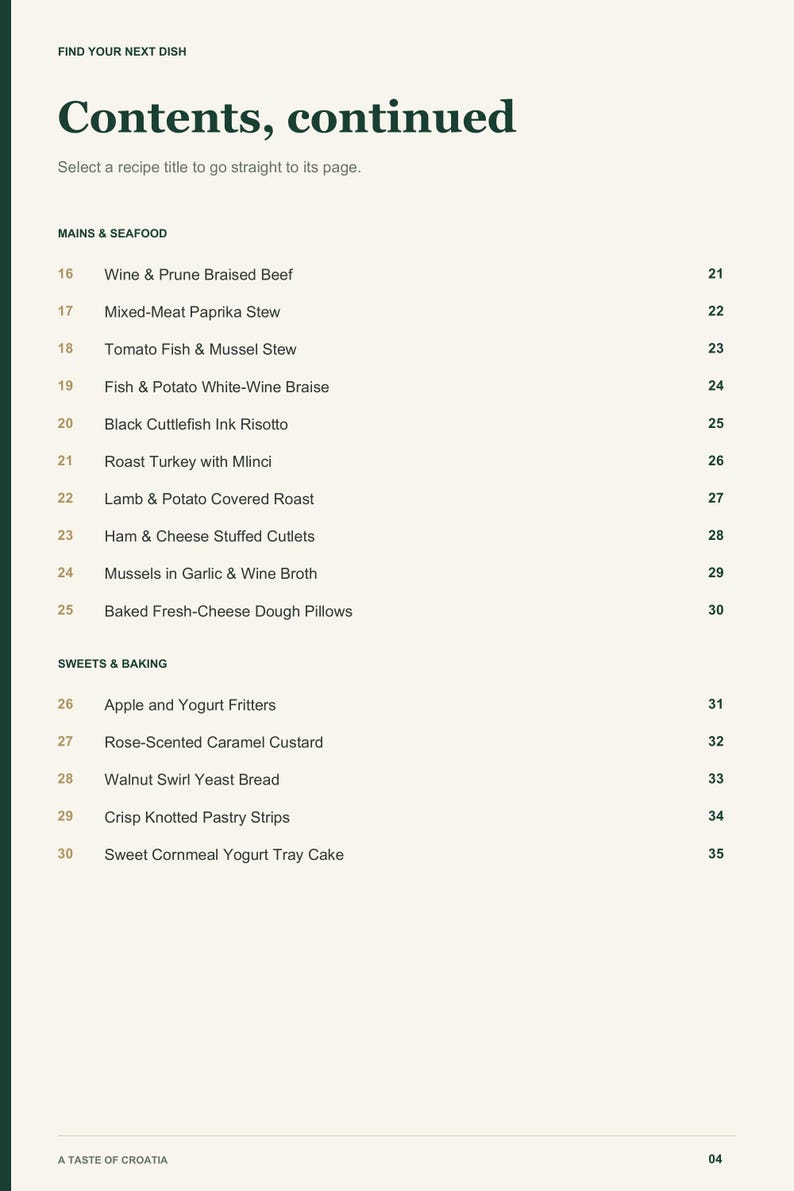 Actual PDF page 4 from A Taste of Croatia: Contents, page 2.