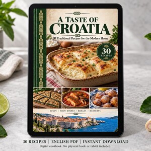 Digital cookbook mockup displaying the actual A Taste of Croatia cover. English PDF download only; no tablet or physical book included.