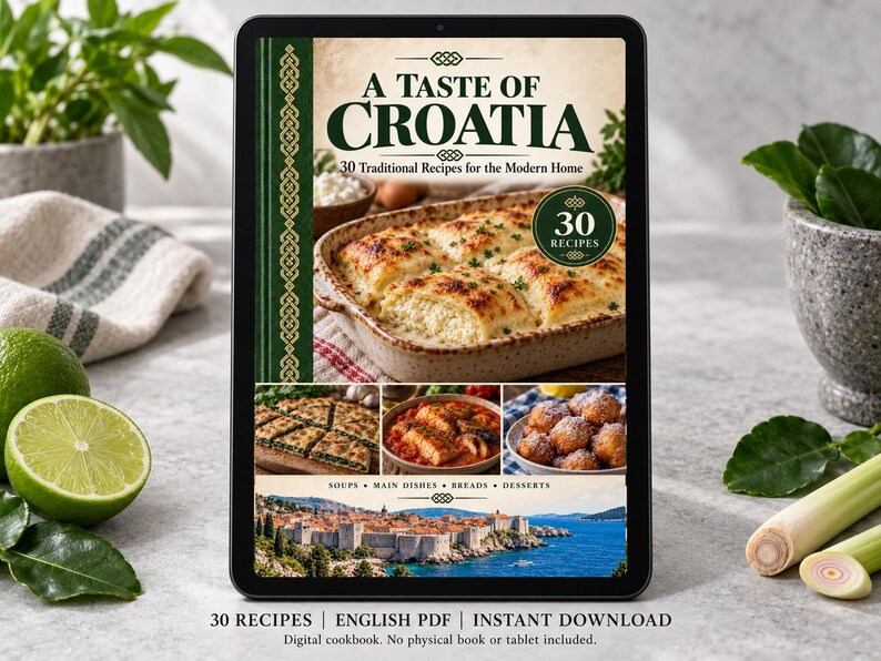 Digital cookbook mockup displaying the actual A Taste of Croatia cover. English PDF download only; no tablet or physical book included.