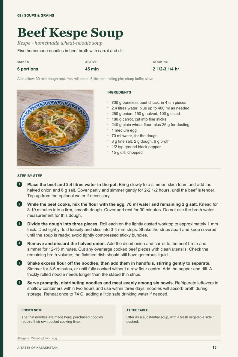 Actual PDF page 13 from A Taste of Kazakhstan: Beef Kespe Soup recipe page.