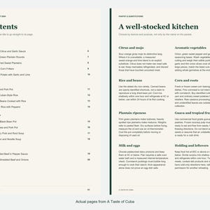 Actual contents and kitchen-notes pages from A Taste of Cuba.