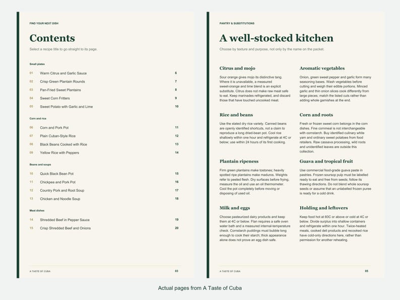 Actual contents and kitchen-notes pages from A Taste of Cuba.
