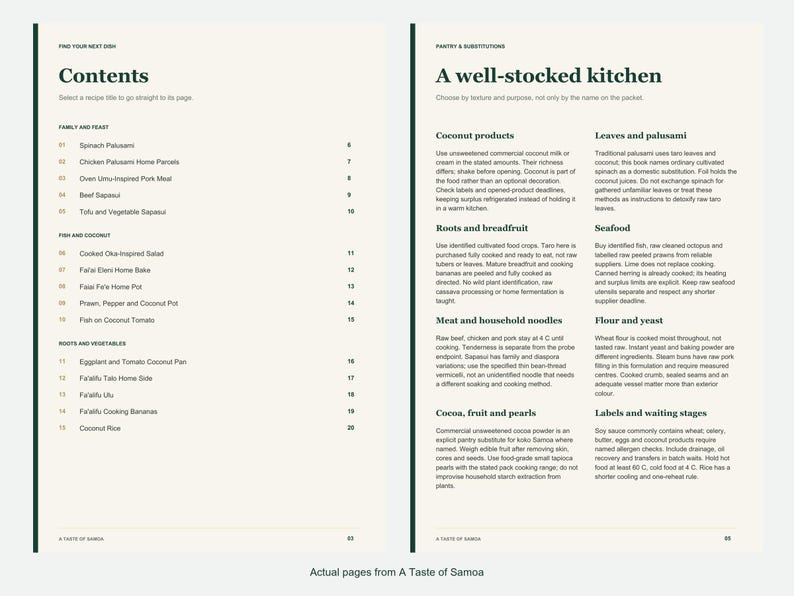 Actual contents and kitchen-notes pages from A Taste of Samoa.