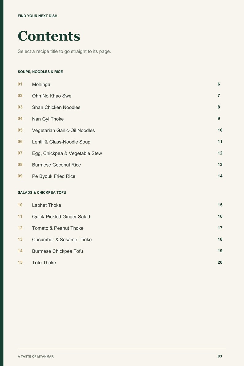 Actual PDF page 3 from A Taste of Myanmar: Contents, page 1.