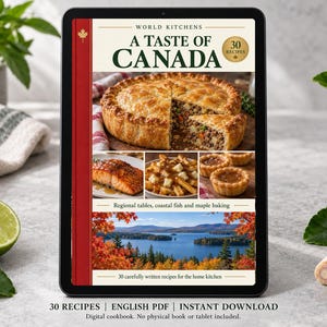 Digital cookbook mockup displaying the actual A Taste of Canada cover. English PDF download only; no tablet or physical book included.
