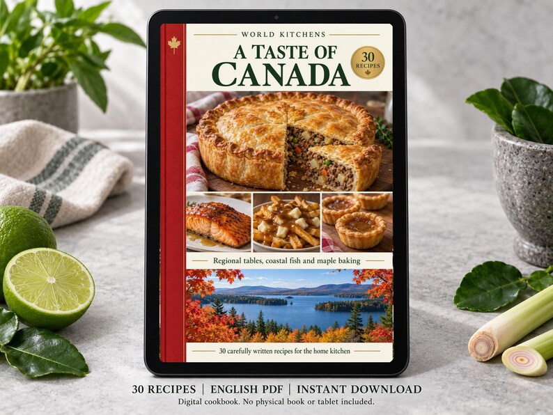 Digital cookbook mockup displaying the actual A Taste of Canada cover. English PDF download only; no tablet or physical book included.