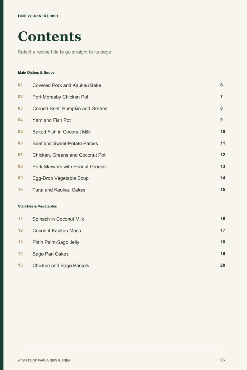 Actual PDF page 3 from A Taste of Papua New Guinea: Contents, page 1.