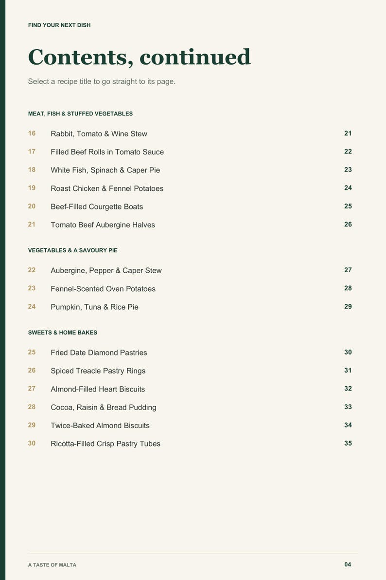 Actual PDF page 4 from A Taste of Malta: Contents, page 2.