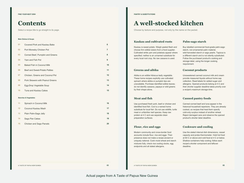 Actual contents and kitchen-notes pages from A Taste of Papua New Guinea.