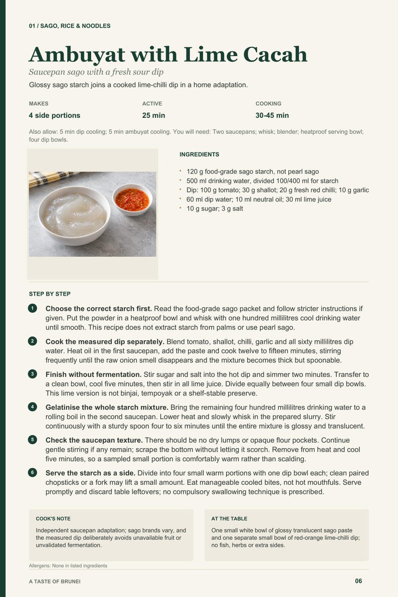Actual PDF page 6 from A Taste of Brunei: Ambuyat with Lime Cacah recipe page.