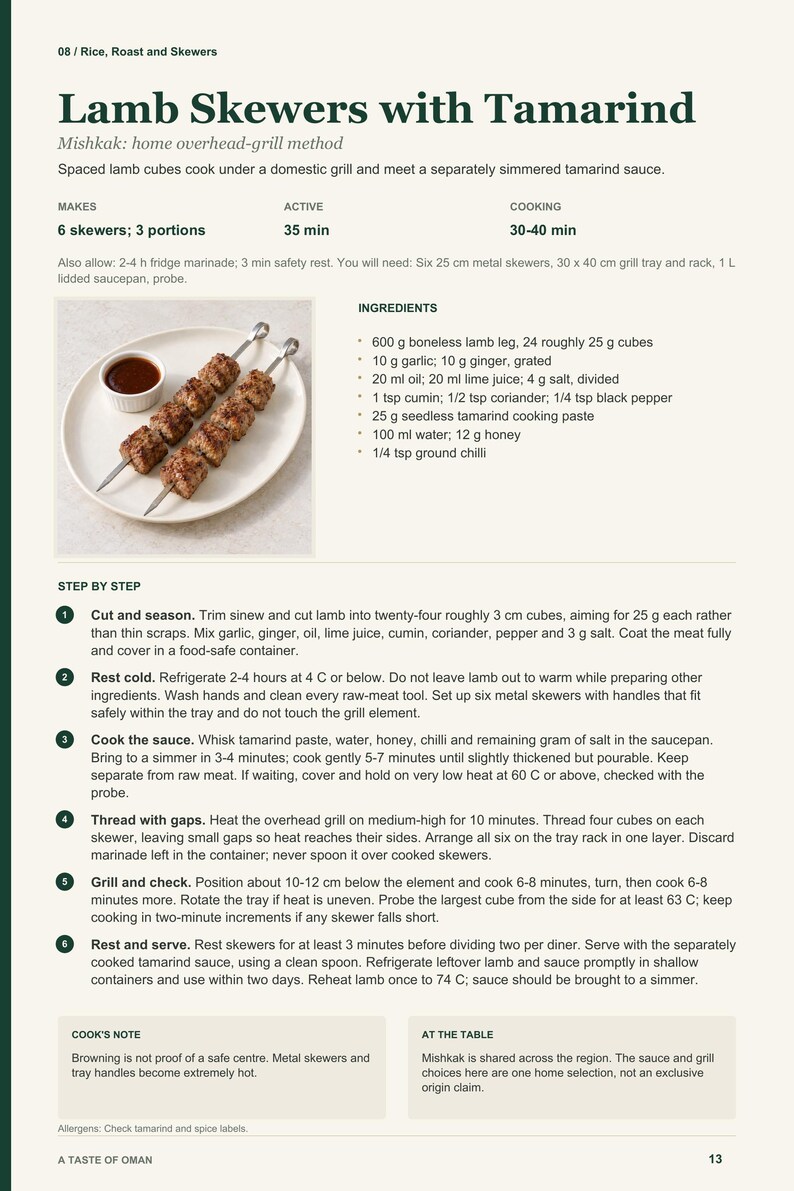 Actual PDF page 13 from A Taste of Oman: Lamb Skewers with Tamarind recipe page.